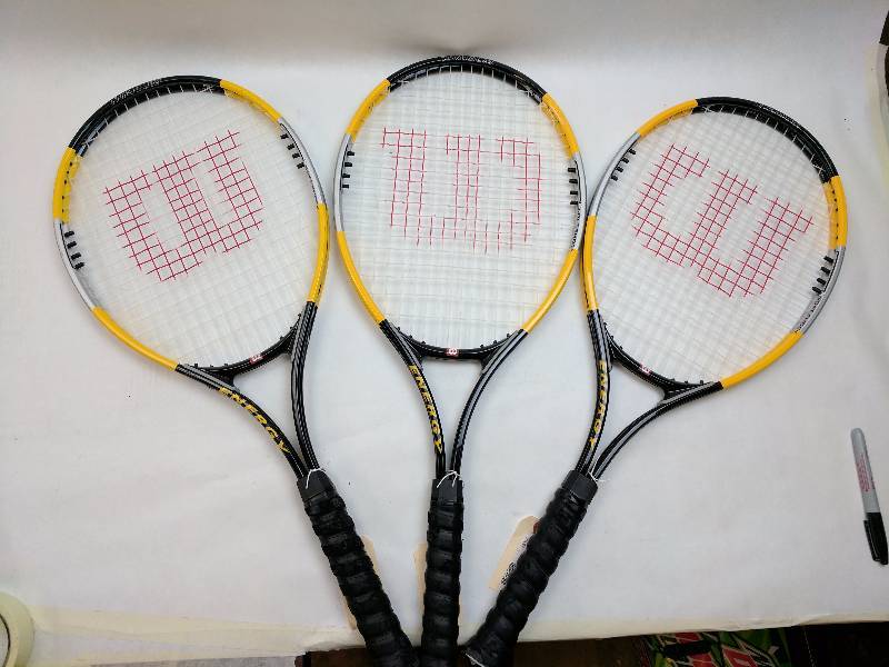 lot 66 image: Lot of 3 Wilson Titanium Energy Tennis Racquets With Softshock Tech L3 4 38 Grip Vgc