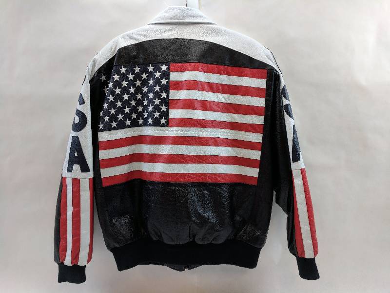 lot 5 image: Mens Michael Hoban Wheremi XL Leather Jacket - USA American Flag