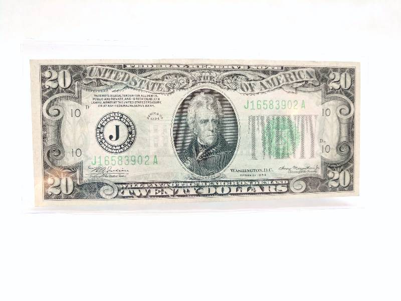 lot 11 image: $20 Federal Reserve Note - Twenty Dollar Bill - 1934