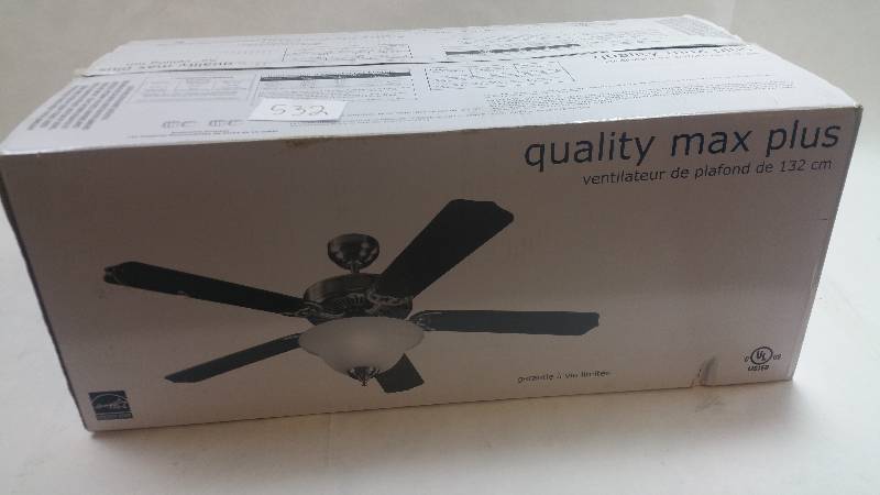 lot 532 image: Quality Max Plus 52 in. Heirloom Bronze Indoor Ceiling Fan UNUSED NO GLASS DOME