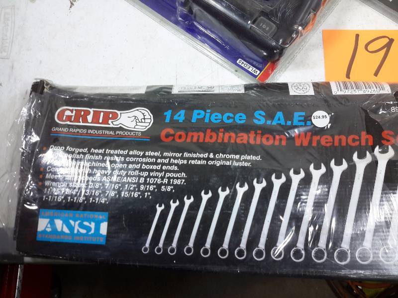 Work light, 14 piece combination wrench set, 6 piece wrench set