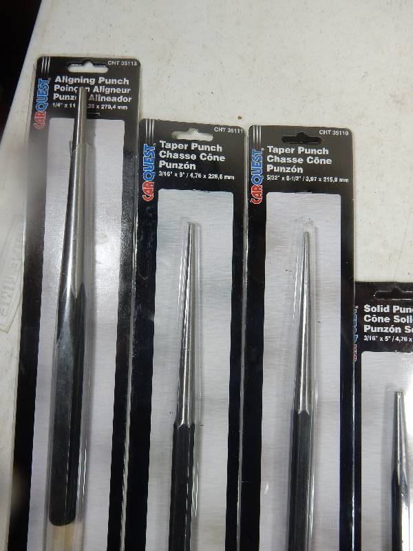 Set of 4 chisels, Drill bits, Ratchet, 6 piece mechanics Pin punch set