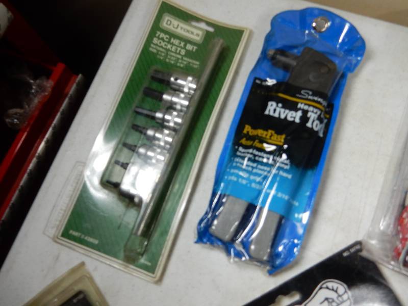 Misc. Wrenches, Bungees, Tire inflator with Gauge, Rivet Gun 7 piece hex socket bit set