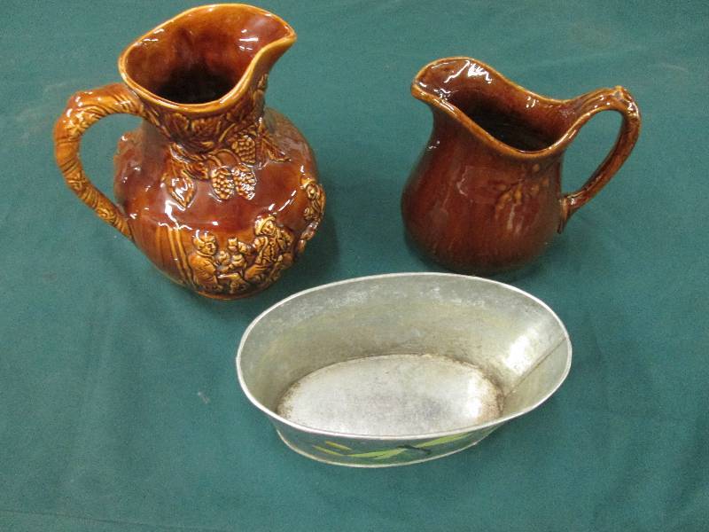 2 Brown Ceramic Pitchers and Butter...
