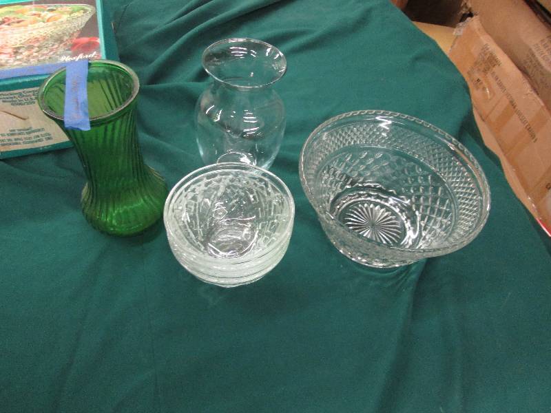 Cut Glass Salad Bowl Set, 2 Vases...