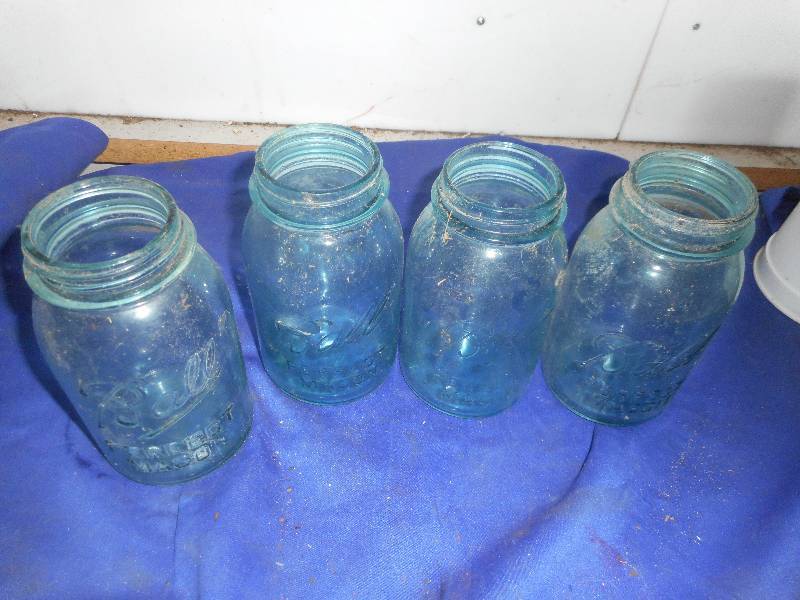 4 VINTAGE GREEN BALL JARS