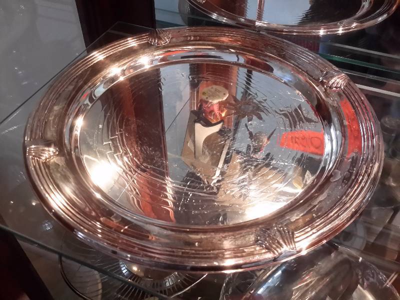 lot 52 image: Heart theme pedestal cake plate, Flat cake plate, 2 small frosted with silver dcor cups, Silver plate service platter.
