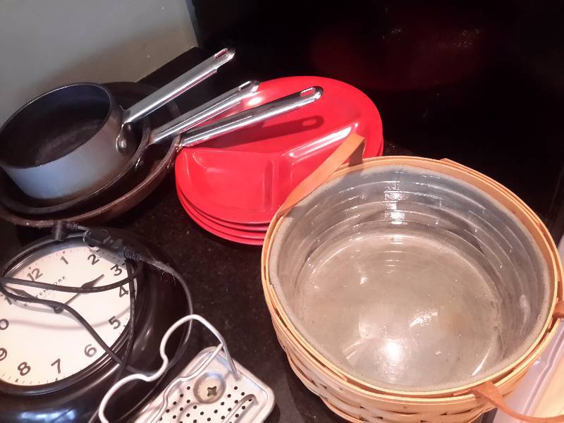 lot 60 image: Misc. Kitchen and Accessory items as pictured. (small chip on top of one of the canisters), clock.. LONGABERGER Basket.