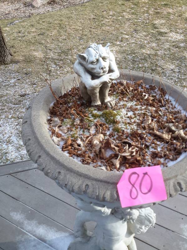 lot 80 image: Nice Concrete planter with Children on Base.. Nice shape.. No noticeable cracks.. Good shape. Small Troll included.. Bring your own loading helpcart to haul away..