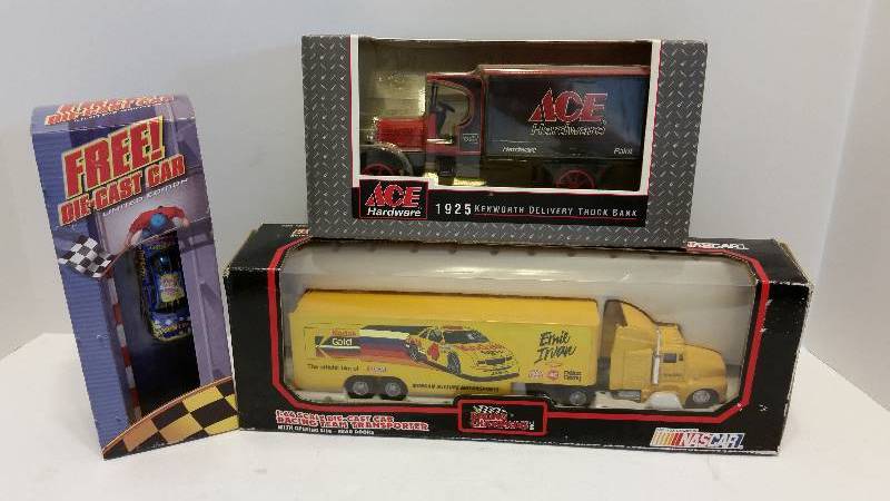 lot 84 image: Ertl Collectibles Ace Hardware 1925 Kenworth Truck Bank, Racing Champions 164th Scale Ernie Irvin #4 Kodak Transporter & Pop Secret Car