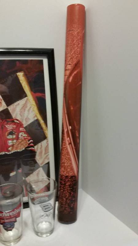 lot 168 image: Large Lot of #8 Dale Earnhardt Jr Memorabelia Items - Print, Summer Cooler, Large Poster, Dale Jr, Glass and 50th Anniversary NASCAR Glass.
