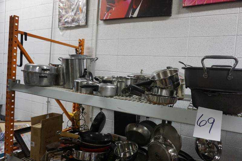 lot 69 image: Pallet Racking With Assorted Stainless Steel Cookware and Bakeware