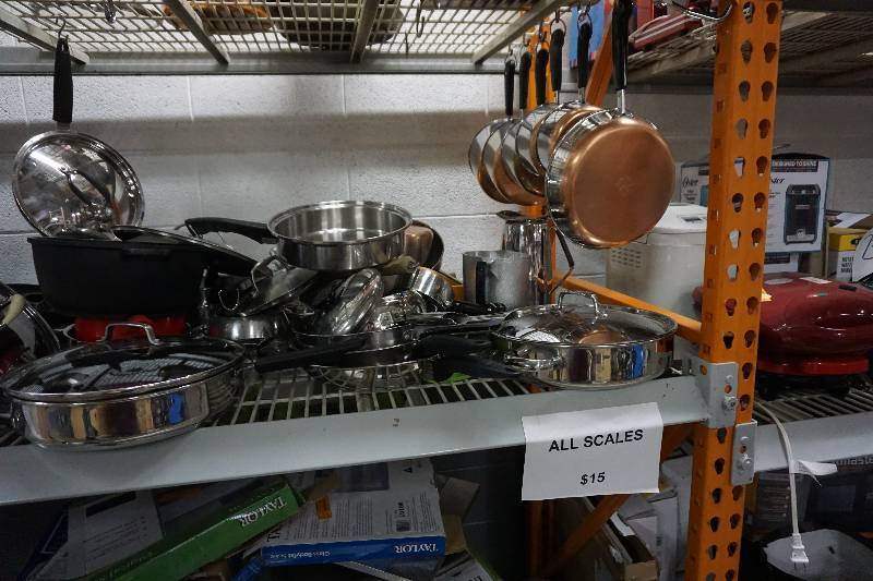 lot 70 image: Pallet Shelving Rack With Assorted Stainless Steel Cookware and Bakeware