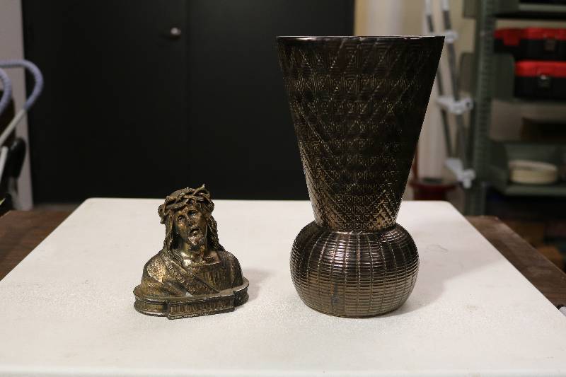 Metal Jesus Bust and Metal Vase