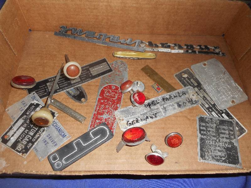 VINTAGE AUTO TAGS , BUTTONS AND LIGHTS