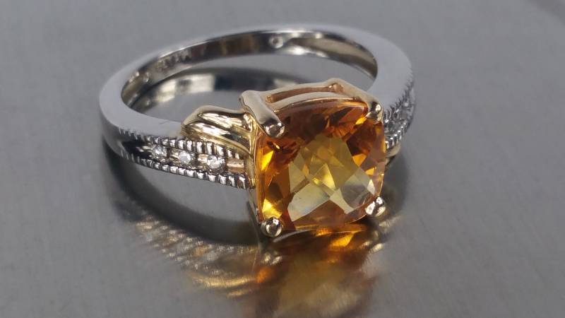 White 14k Gold Cushion Cut Golden Citrine & Diamond w Yellow Gold Accent