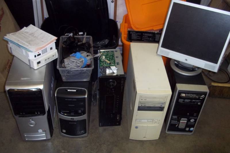 lot 152 image: 4 computers, 2 printers, 1 monitor, 2 Tote bins with Covers and Electronics Cables