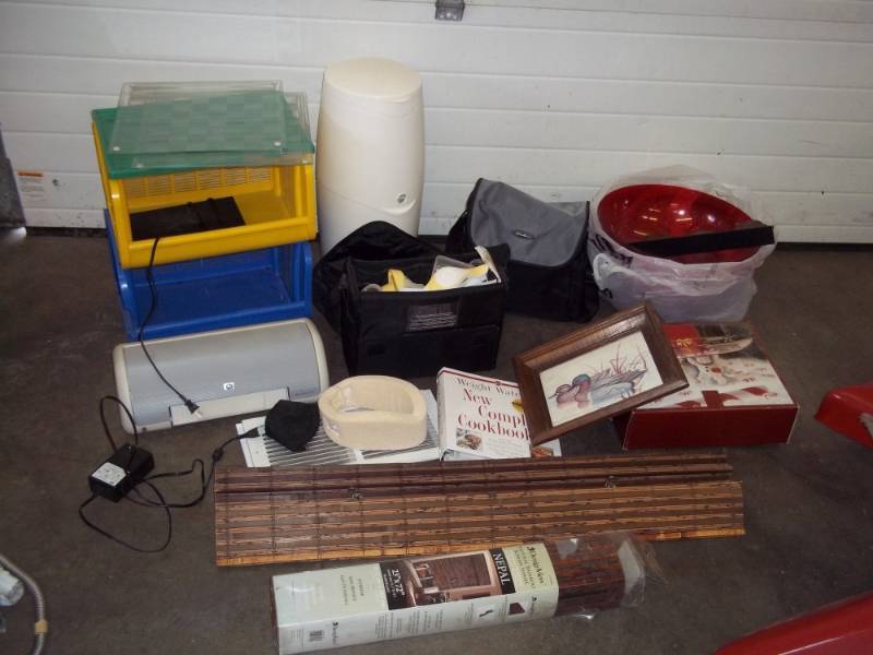 lot 158 image: Breast Pump, Diaper Jenie, Storage rack, printer, Dcor Bowles, 2 bamboo blinds, Ect.