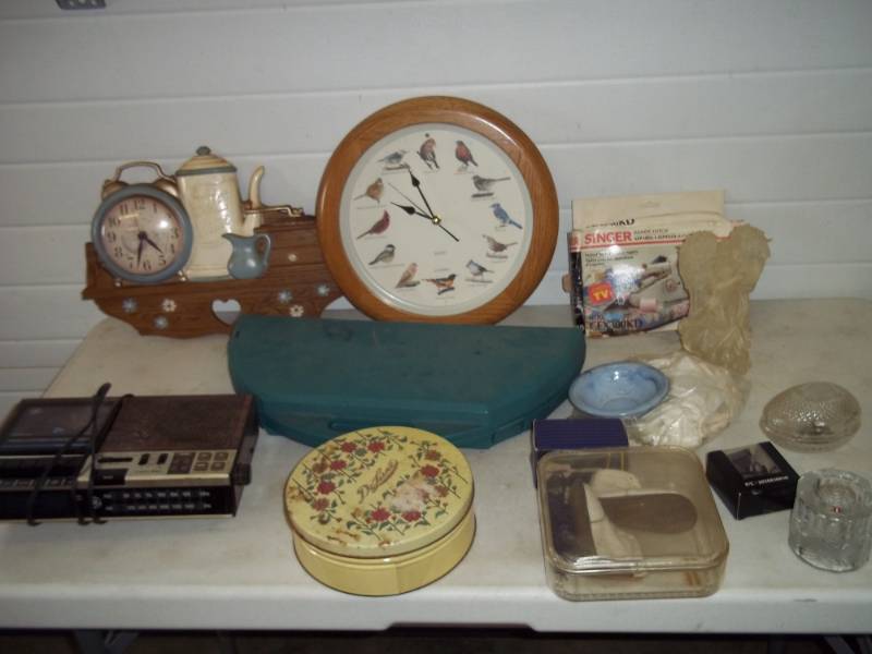 lot 192 image: 3 clocks, household tool set, hand sewer, vintage baby shoes & more