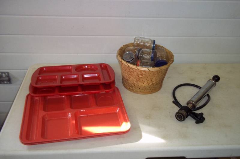 lot 86 image: Beer keg tap, plastic lunch trays, glass jars