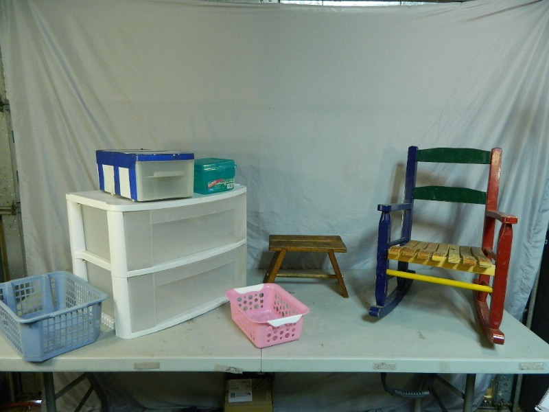 Kids Wood Rocking Chair, Wood Stool, and Organizers