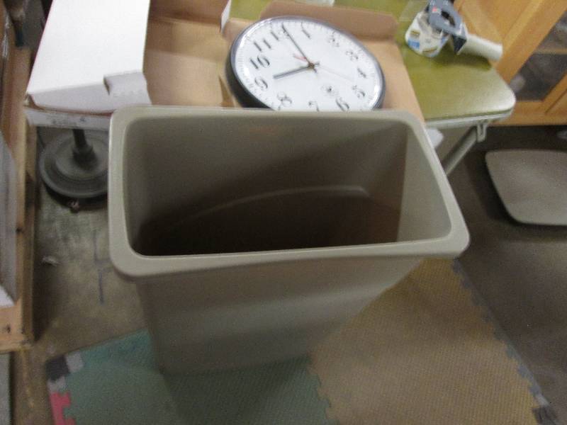 lot 188 image: Large Tan Waste Basket, Wall Clock...