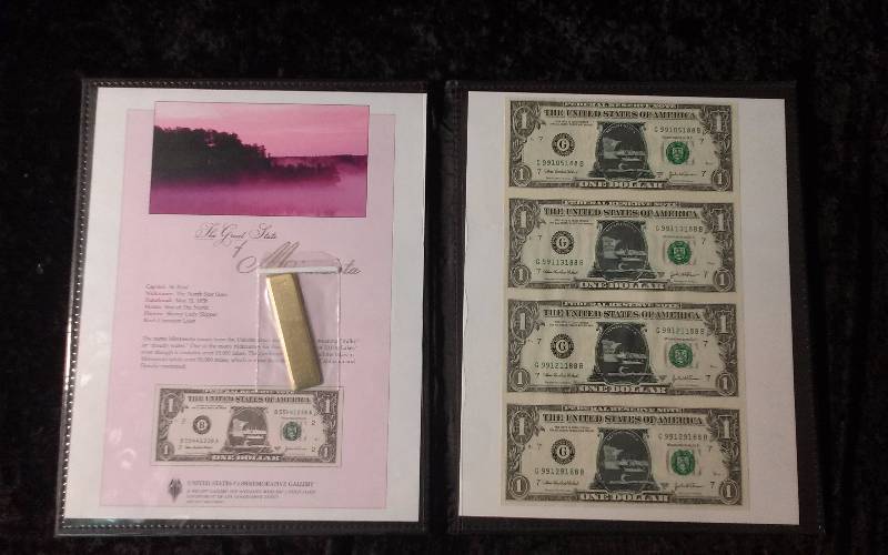 4 Uncut $1 Notes with Minnesota Commemorative Stickers in Portfolio