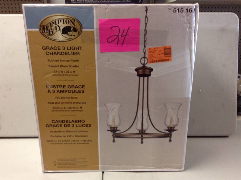 lot 24 image: Hampton Bay Grace 3 Light Chandelier Never used