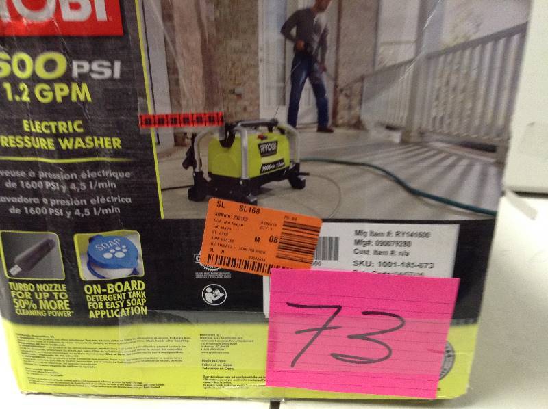 lot 73 image: Ryobi 1600 PSI Electric Pressure Washer 1.2 GPM  new condition