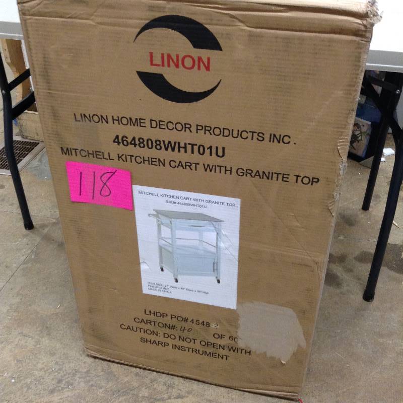 lot 118 image: Linon Home Dcor Mitchel Kitchen Cart With Granite Top model 464808wht01u Never used
