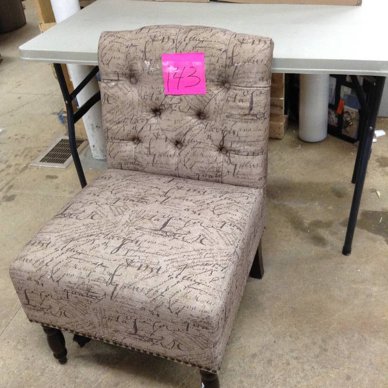 lot 143 image: Madison Park Darcy Script Serena Accent Chair - bottom cover ripped chair in like new condition
