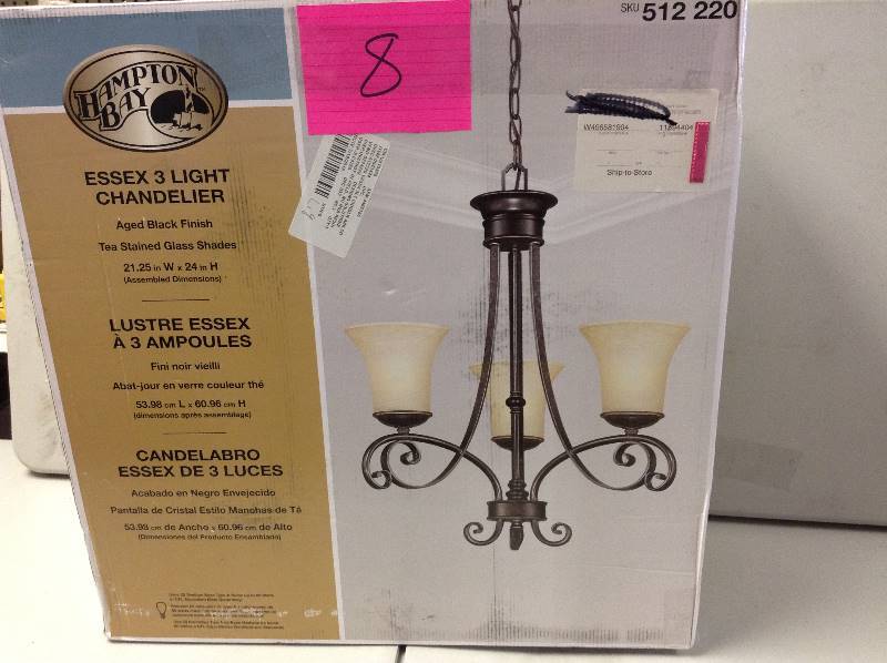 lot 8 image: Hampton Bay Essex 3 Light Chandelier never used