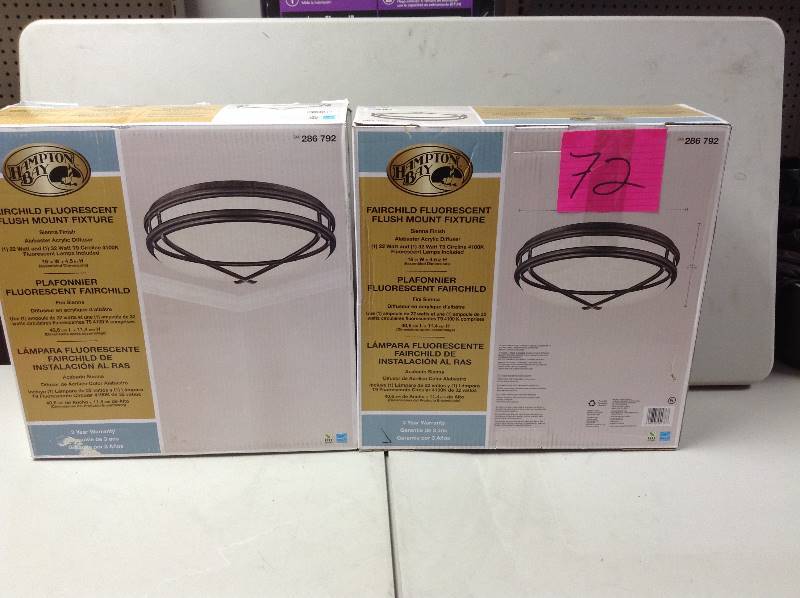 lot 72 image: Lot of 2 Hampton Bay Fairchild Fluorescent Flush Mount Fixture never used