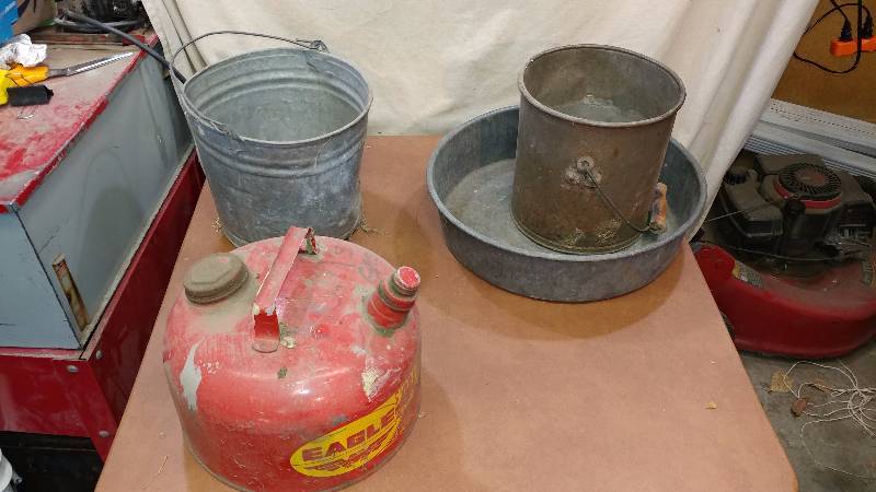 lot 150 image: Gas Can and Metal Buckets