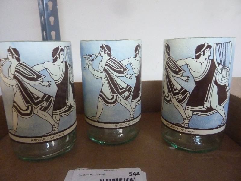 lot 544 image: Glasses Made From Greek Themed Wine Bottles