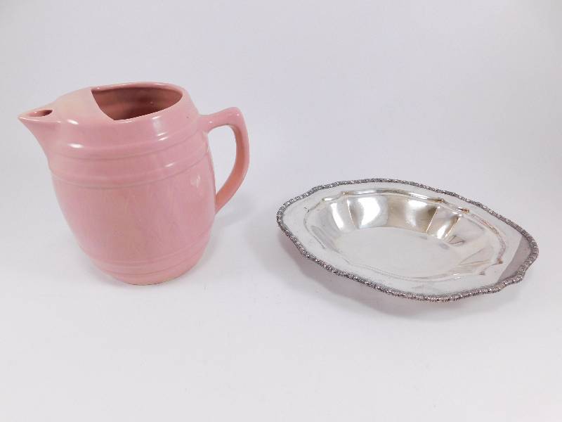 Silver TrayDish and Ceramic Pitcher
