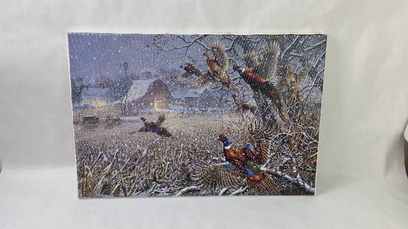 lot 27 image: James Meger Pheasants - The Storm - Canvas Print 22 x 15