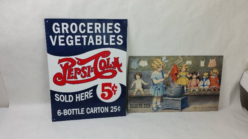 lot 50 image: Diamond Dyes & Pepsi Cola Metal Sign Ad - Art Print