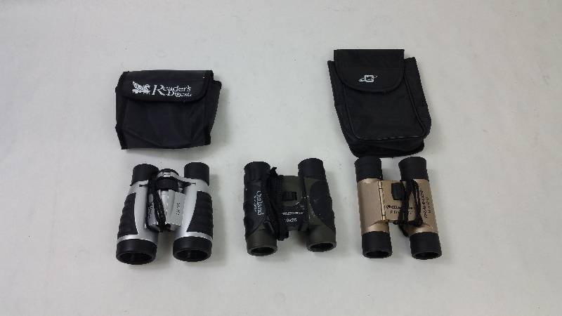 lot 79 image: 3 Binoculars - Celerstron Traveler 8 x 26 & Celestron Outland 10 x 25 & Readers Digest 4 x30