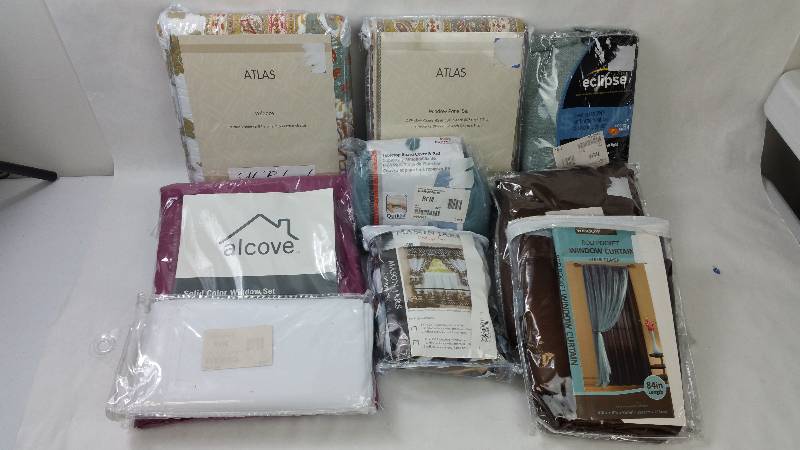 lot 98 image: 8 pc. Valance, Window Panels, Curtains, Table Top Ironing Board Cover Bundle