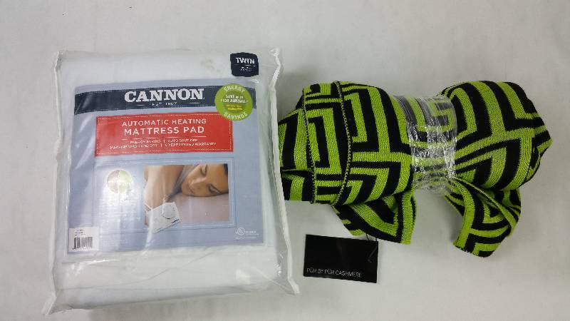 lot 114 image: PUR by Pur Cashmere Green & Black Scarf w Tags & Cannon Automatic Heating Mattress Pad
