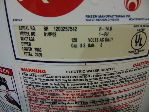 lot 52 image: Rheem Electric 6 Gallon Hot Water Heater