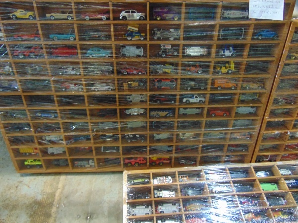 lot 159 image: (3) Home Made Wood Die Cast Car Racks with Cars