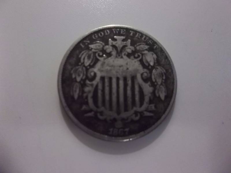1867 Shield Nickel No Rays Rare Date Better Grade ($50-$90 Grey Sheets Value)