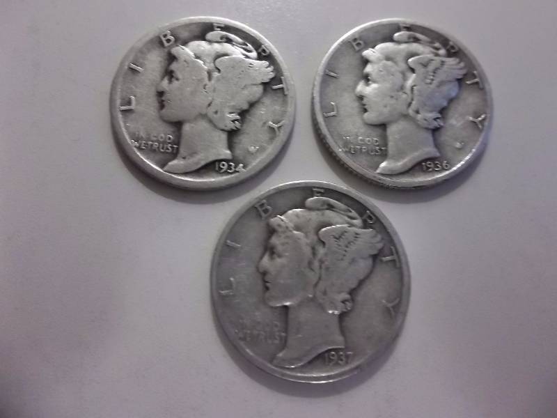 1934, 1936 D, 1937 Mercury Dimes