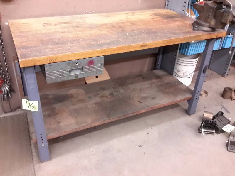 lot 96 image: Work Tabe.. Butcher Block type top.. Has wood Shelf and Drawer.