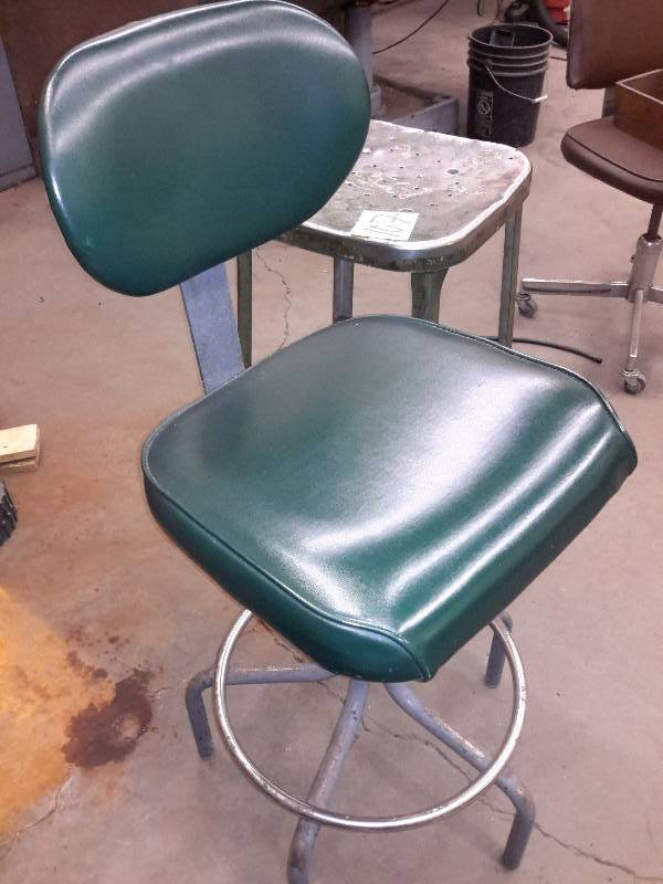 lot 107 image: 2 Vintage High Work Chairs.. One steel.. One with Chrome and Upholstered seating