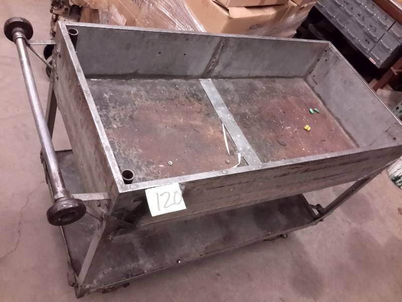 lot 120 image: Nice older style Metalwood cart.  48 in long x 24 in w x 34in h.. Has a 9 in deep box on top.