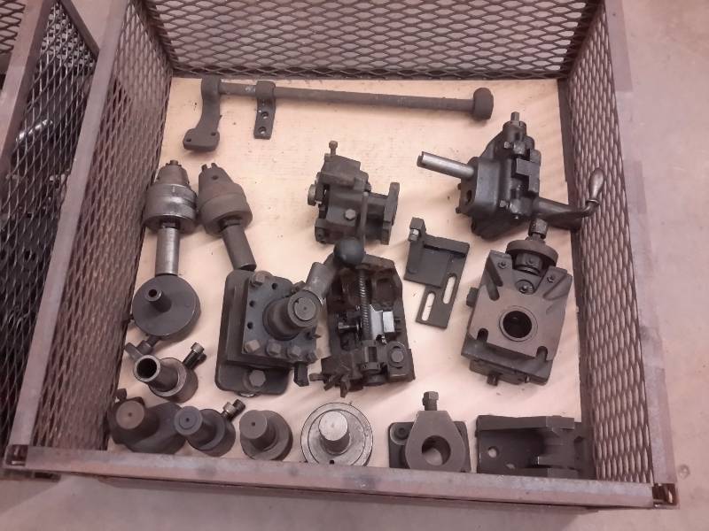 lot 35A image: 2 baskets of Collets and other tooling as shown.  Includes the Heavy mesh baskets.. Work with lot 2, Turret Lathe