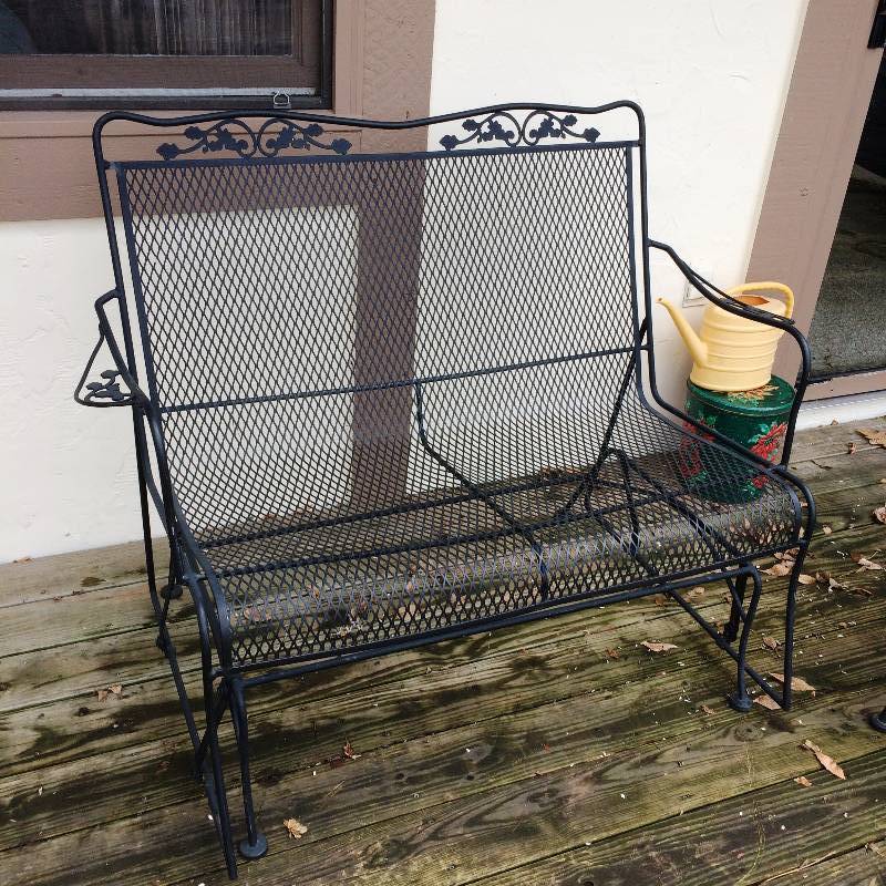 lot 28 image: Retails New $700 Heavy Duty Patio Or Deck Black Wrought Iron Glider Loveseat Swing  - Super Nice Condition